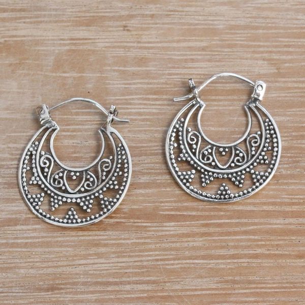 Alternate image for Sterling Silver Hoop Earrings Handcrafted in Bali Moonlight Descent