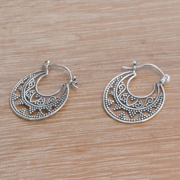 Alternate image for Sterling Silver Hoop Earrings Handcrafted in Bali Moonlight Descent