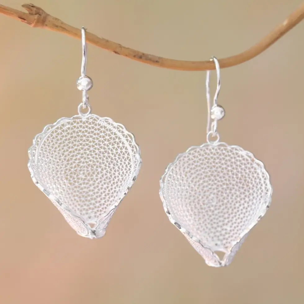 Sterling Silver Filigree Palm Leaf Dangle Earrings 'Lumbu Leaf'