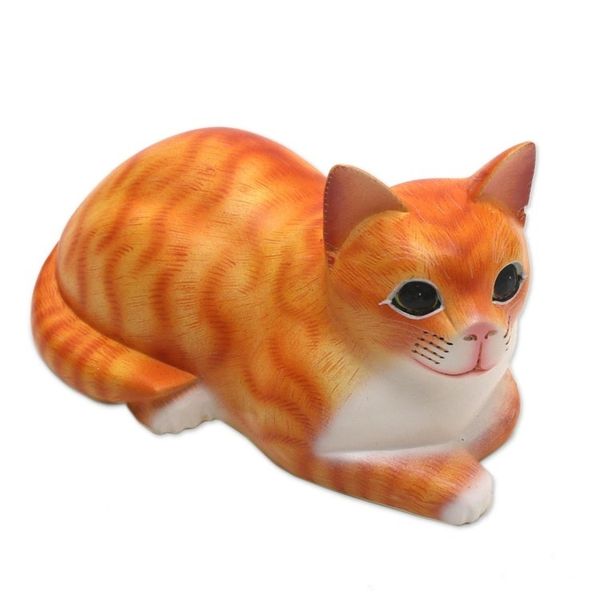 Alternate image for Signed Wood Sculpture of a Lying Cat in Orange from Bali Lying Cat in Orange