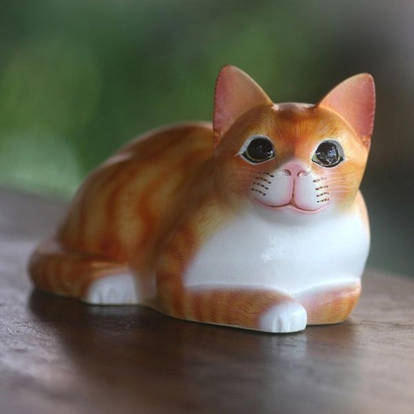 Alternate image for Signed Wood Sculpture of a Lying Cat in Orange from Bali Lying Cat in Orange