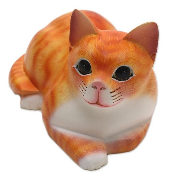 Alternate image for Signed Wood Sculpture of a Lying Cat in Orange from Bali Lying Cat in Orange
