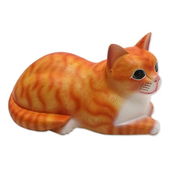 Alternate image for Signed Wood Sculpture of a Lying Cat in Orange from Bali Lying Cat in Orange