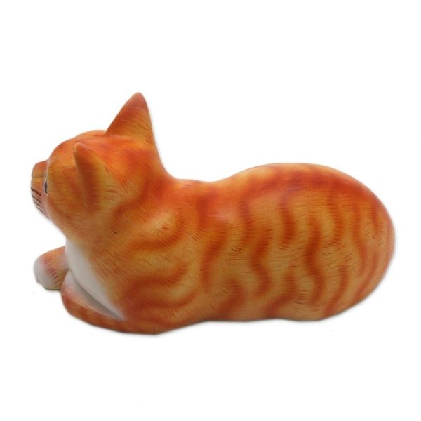 Alternate image for Signed Wood Sculpture of a Lying Cat in Orange from Bali Lying Cat in Orange