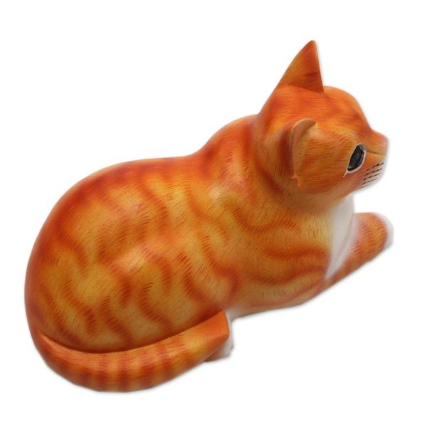 Alternate image for Signed Wood Sculpture of a Lying Cat in Orange from Bali Lying Cat in Orange