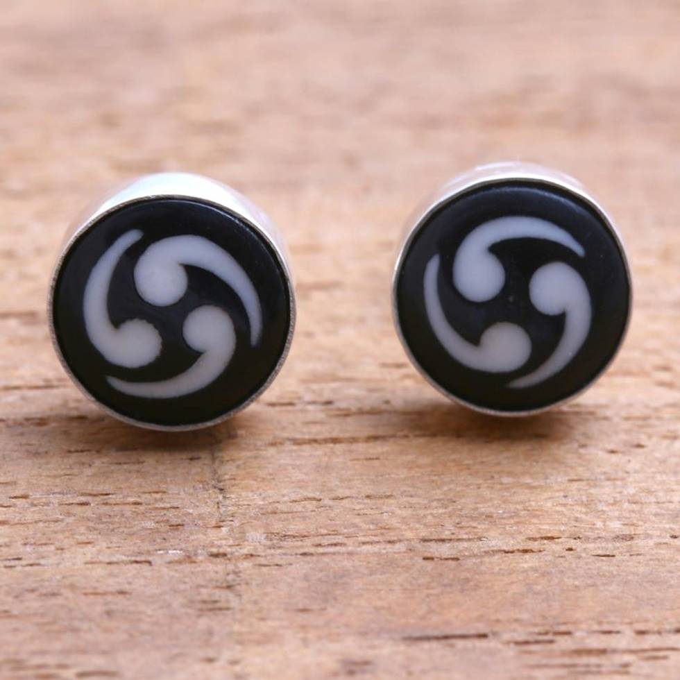 Black and White Bone Stud Earrings from Bali 'Tribal Wonder'