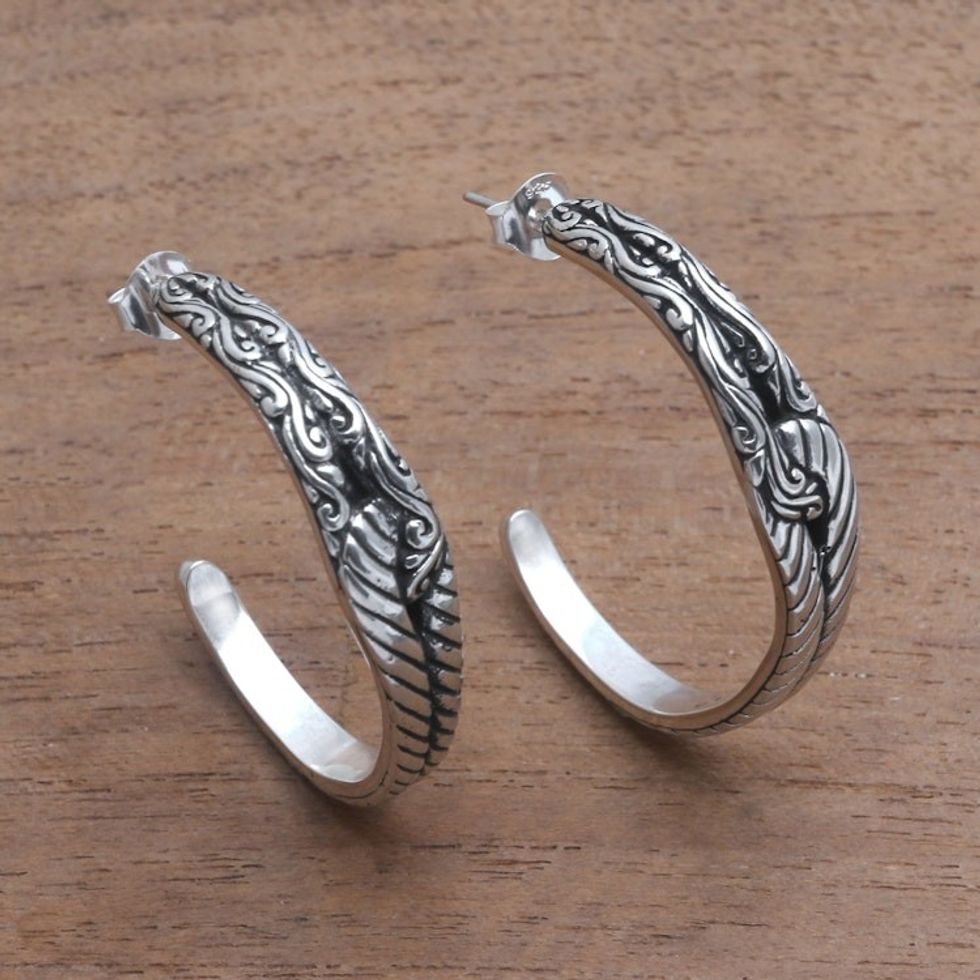 Patterned Sterling Silver Half-Hoop Earrings from Bali 'Excellent Link'