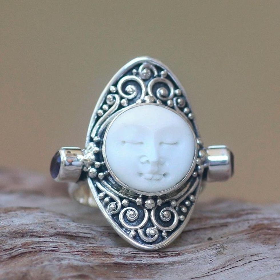 Amethyst and Bone Cocktail Ring Crafted in Bali 'Tranquil'
