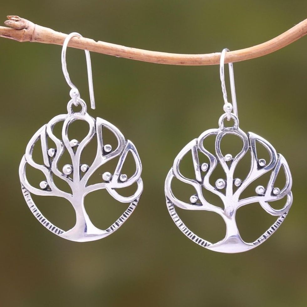 Tree-Shaped Sterling Silver Dangle Earrings from Bali 'Cradling Branches'
