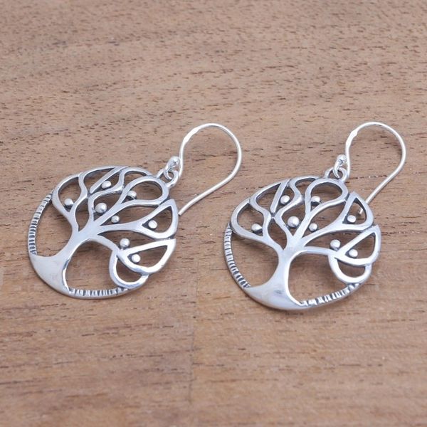 Alternate image for Tree-Shaped Sterling Silver Dangle Earrings from Bali Cradling Branches