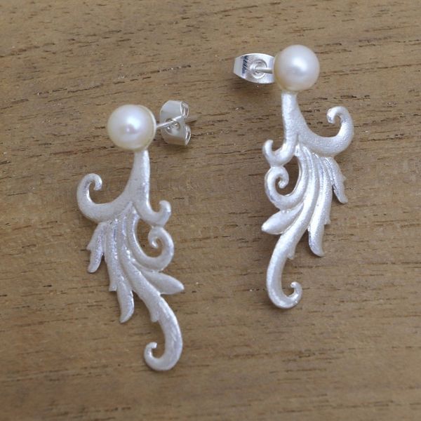 Alternate image for Tendril Motif Cultured Pearl Drop Earrings from Bali Glistening Tendrils