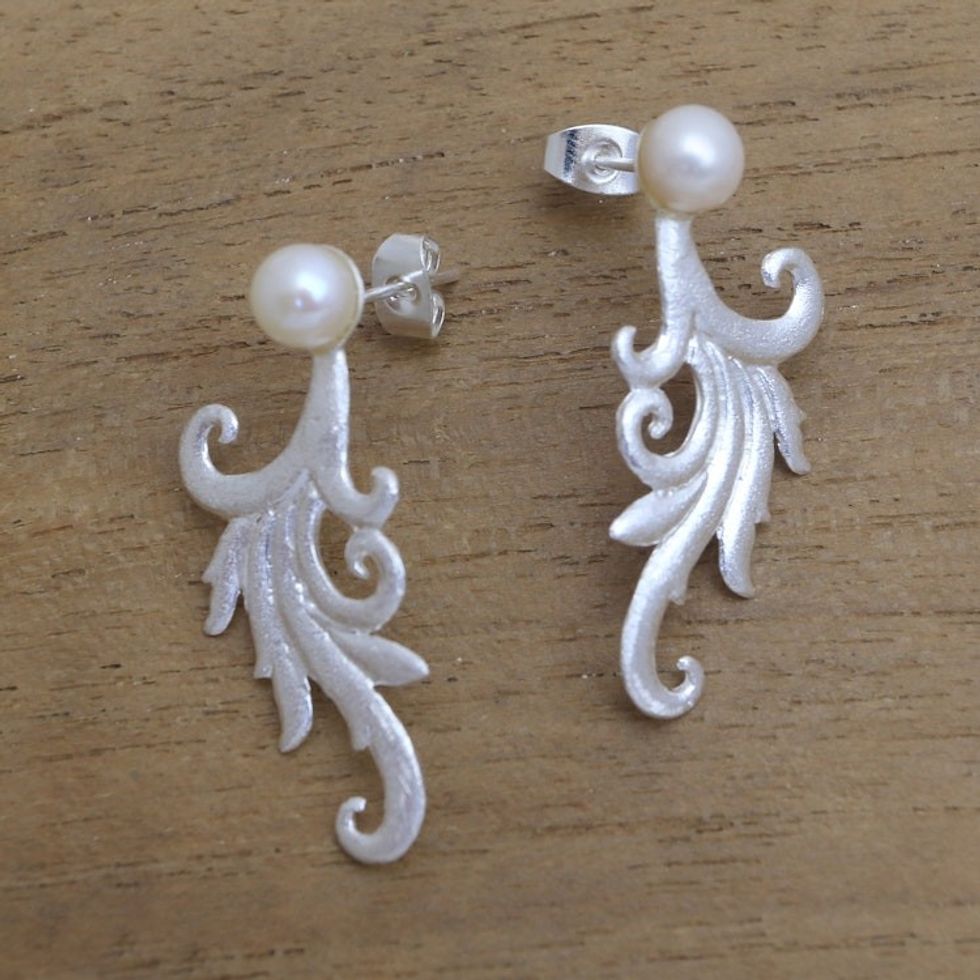 Tendril Motif Cultured Pearl Drop Earrings from Bali 'Glistening Tendrils'