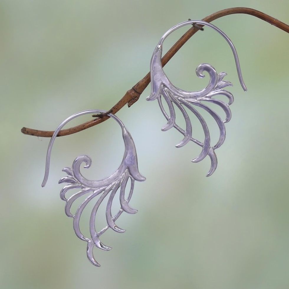 Sterling Silver Flower and Leaf Motif Half-Hoop Earrings 'Gleaming Garden'