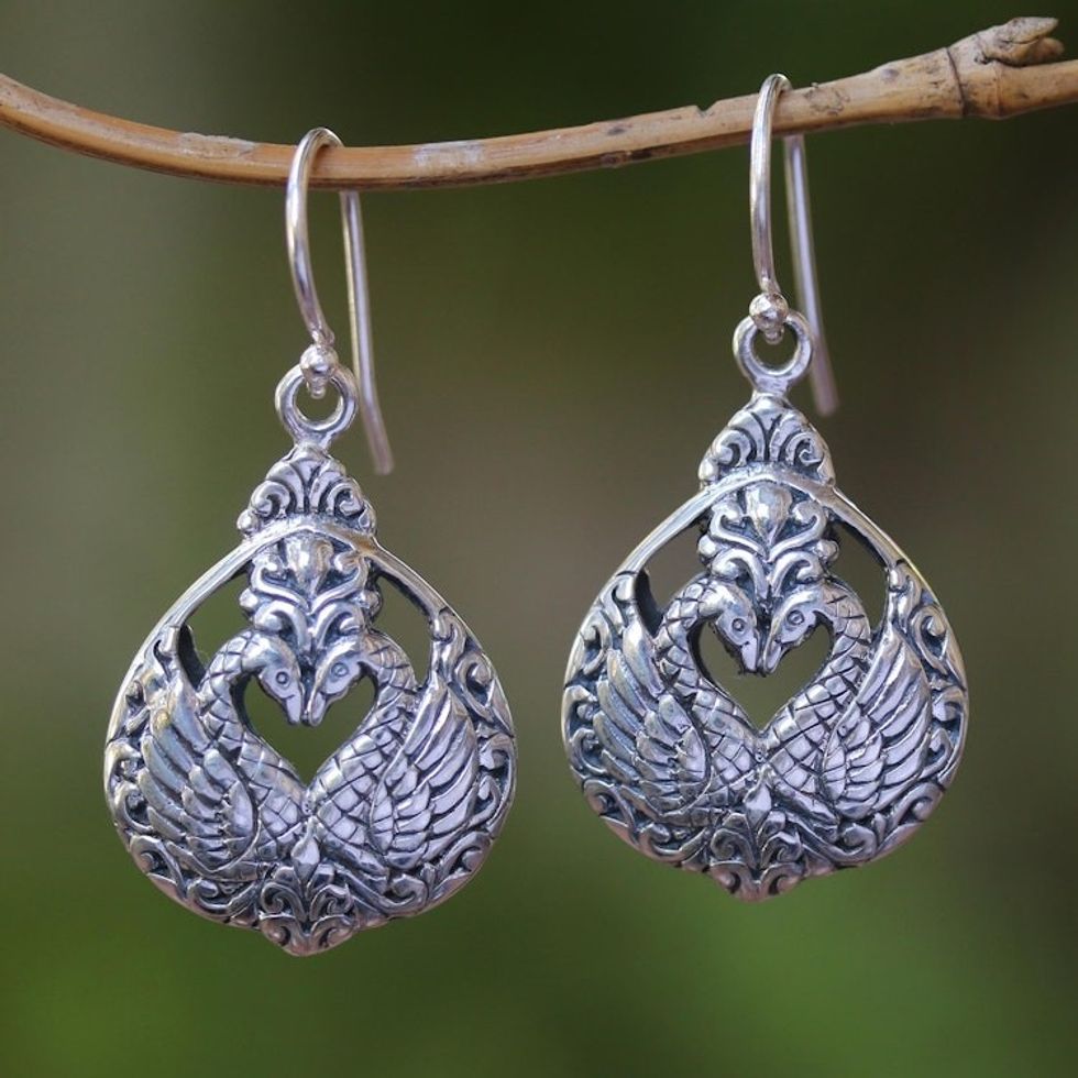 Sterling Silver Swan Dangle Earrings from Bali 'Loving Swans'