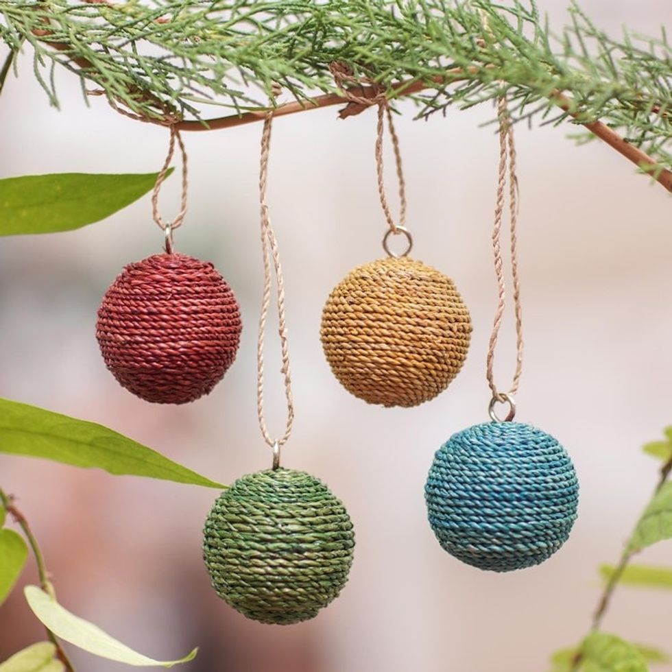 Round Natural Fiber and Wood Ornaments from Bali Set of 4 'Colorful Orbs'