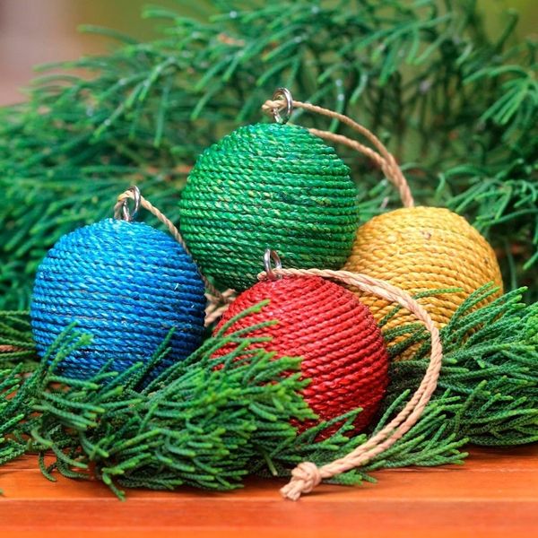 Alternate image for Round Natural Fiber and Wood Ornaments from Bali Set of 4 Colorful Orbs