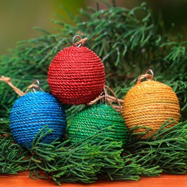 Alternate image for Round Natural Fiber and Wood Ornaments from Bali Set of 4 Colorful Orbs