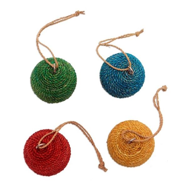 Alternate image for Round Natural Fiber and Wood Ornaments from Bali Set of 4 Colorful Orbs