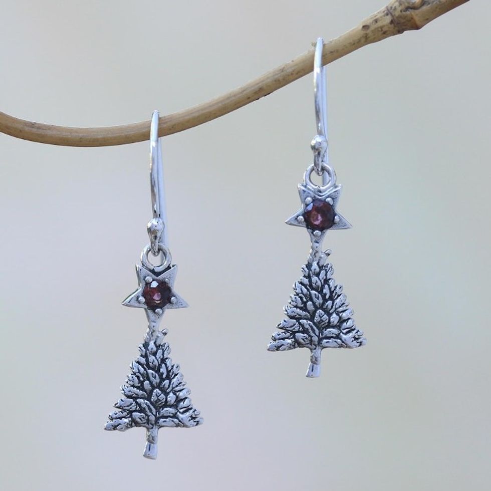 Sterling Silver Star Topped Dangle Earrings 'Garnet Blessing Tree'