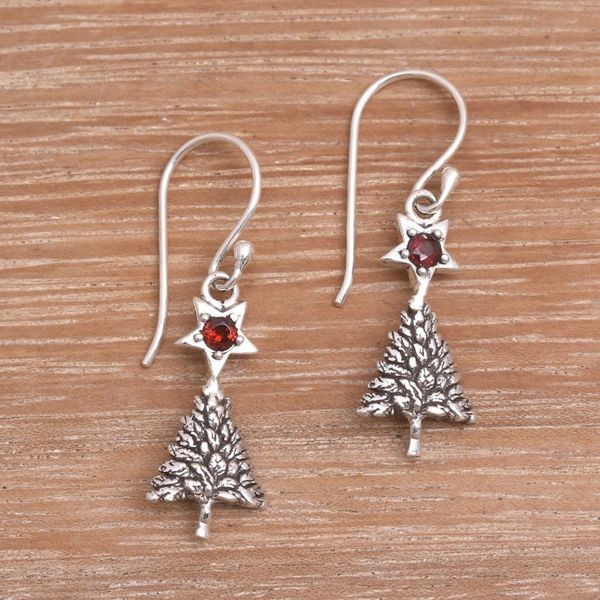 Alternate image for Sterling Silver Star Topped Dangle Earrings Garnet Blessing Tree