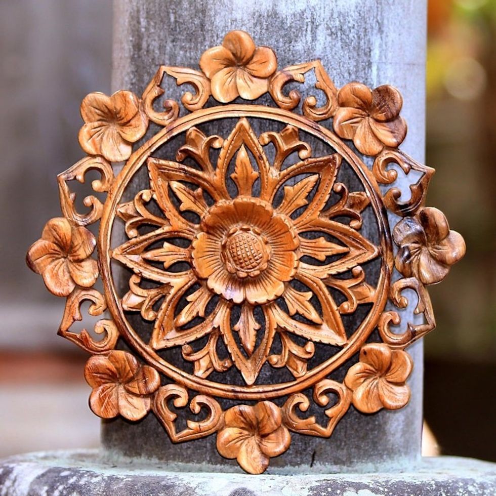 Lotus and Plumeria Blooms Hand Carved Wood Relief Wall Panel 'Lotus and Plumeria'