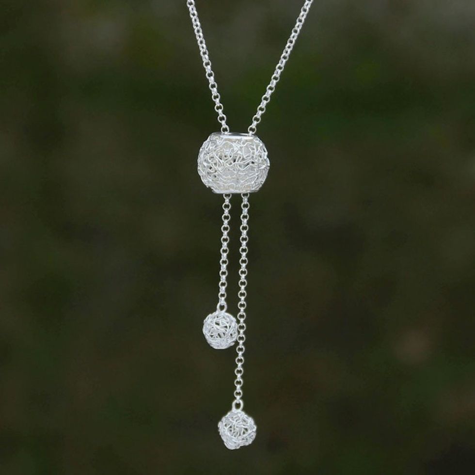 Nest-Shaped Sterling Silver Pendant Necklace from Bali 'Dangling Nest'