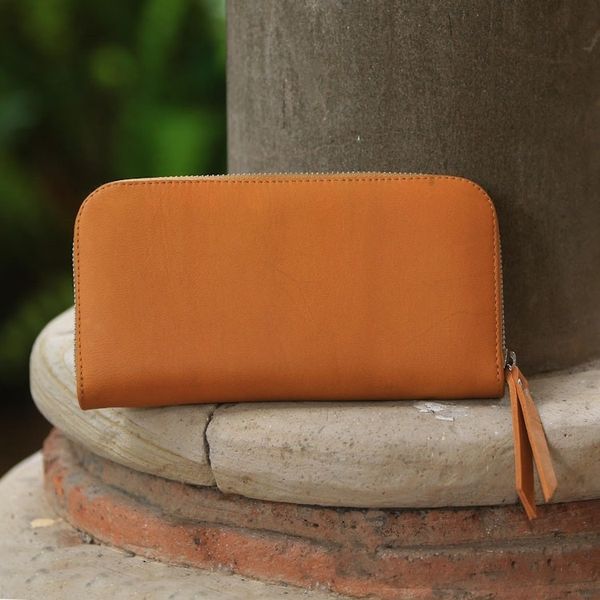 Alternate image for Solid Leather Clutch in Sunrise Crafted in Bali Polosan Sunrise