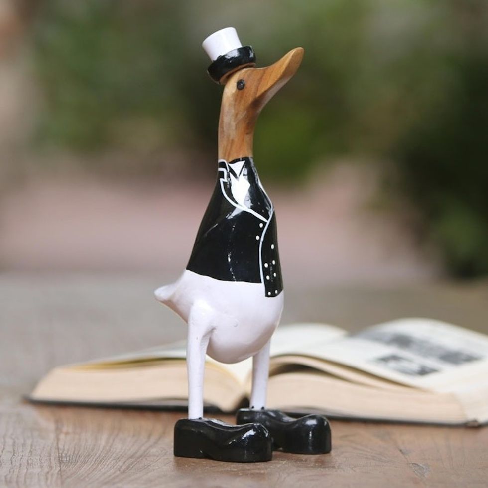 Acacia Wood and Bamboo Root Duck Captain Sculpture from Bali 'Captain Duck in Black'