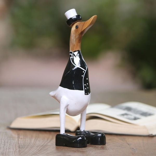 Alternate image for Acacia Wood and Bamboo Root Duck Captain Sculpture from Bali Captain Duck in Black