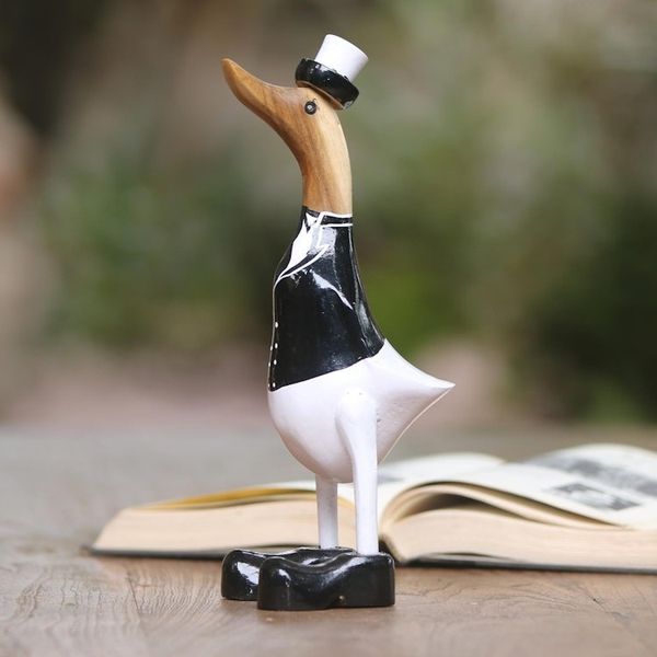 Alternate image for Acacia Wood and Bamboo Root Duck Captain Sculpture from Bali Captain Duck in Black