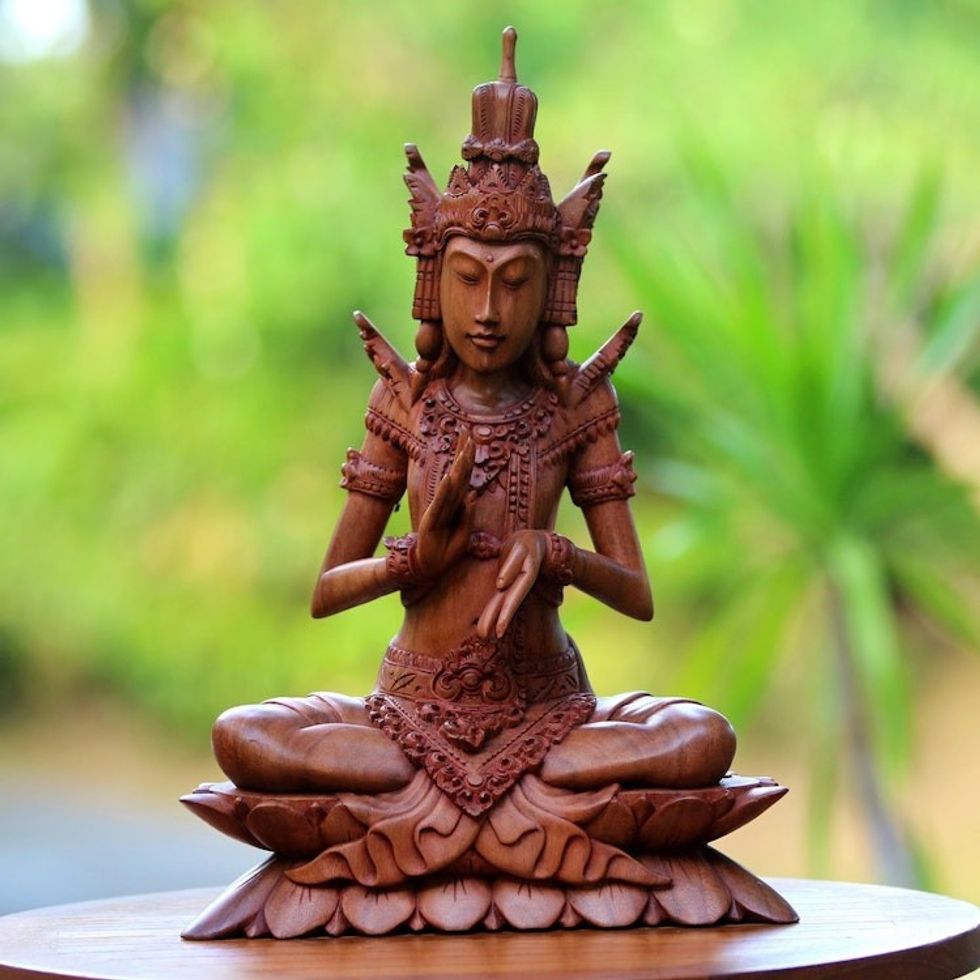 Suar Wood Sculpture of Hindu God Indra from Bali 'Indra on Lotus'