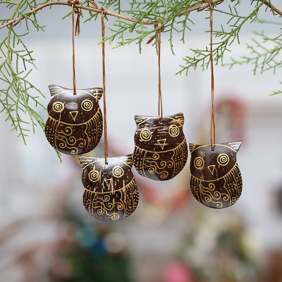 Set of Javanese Handmade Coconut Shell Owl Figure Ornaments 'Watchful Owls'