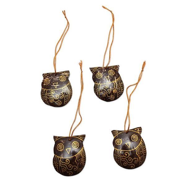 Alternate image for Set of Javanese Handmade Coconut Shell Owl Figure Ornaments Watchful Owls