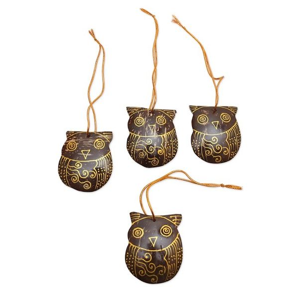 Alternate image for Set of Javanese Handmade Coconut Shell Owl Figure Ornaments Watchful Owls