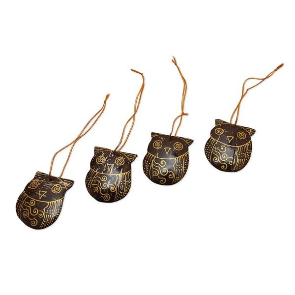 Alternate image for Set of Javanese Handmade Coconut Shell Owl Figure Ornaments Watchful Owls