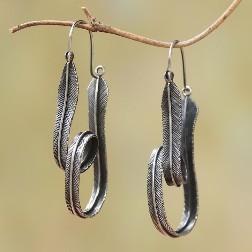 Combination Finish Sterling Silver Hoop Earrings from Bali 'Dark Loops'