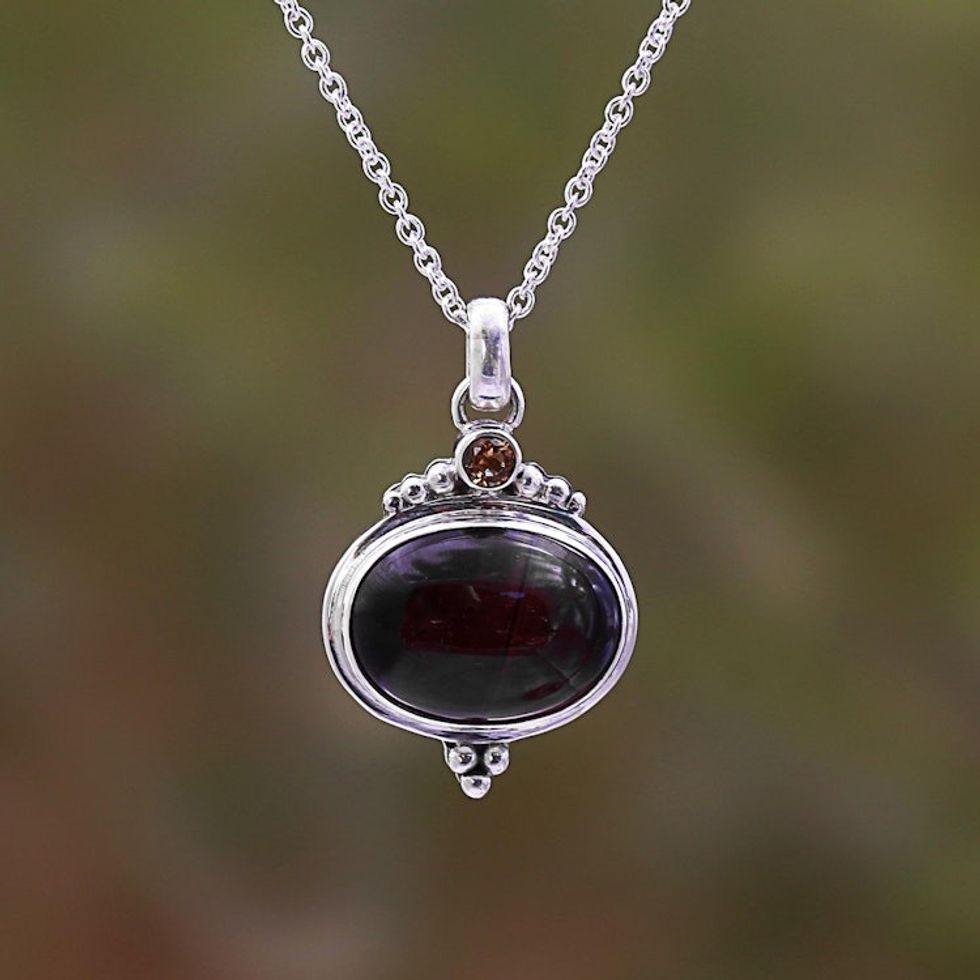 Tiger's Eye and Citrine Pendant Necklace from Bali 'Deep Oval'