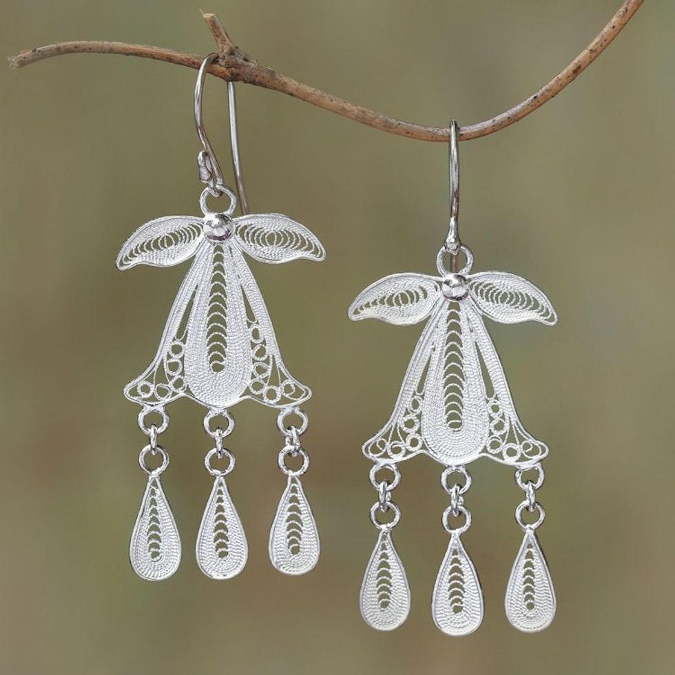 Sterling Silver Filigree Dangle Earrings Crafted in Java 'Gombyok Leaf'