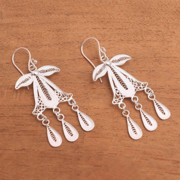 Alternate image for Sterling Silver Filigree Dangle Earrings Crafted in Java Gombyok Leaf