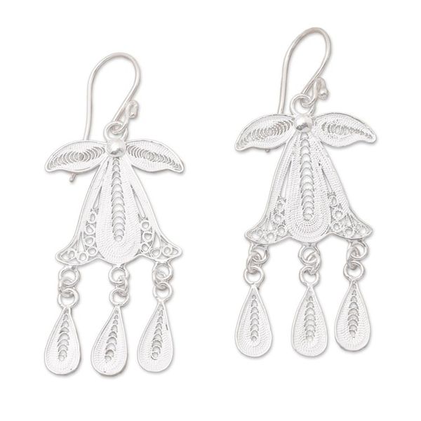 Alternate image for Sterling Silver Filigree Dangle Earrings Crafted in Java Gombyok Leaf