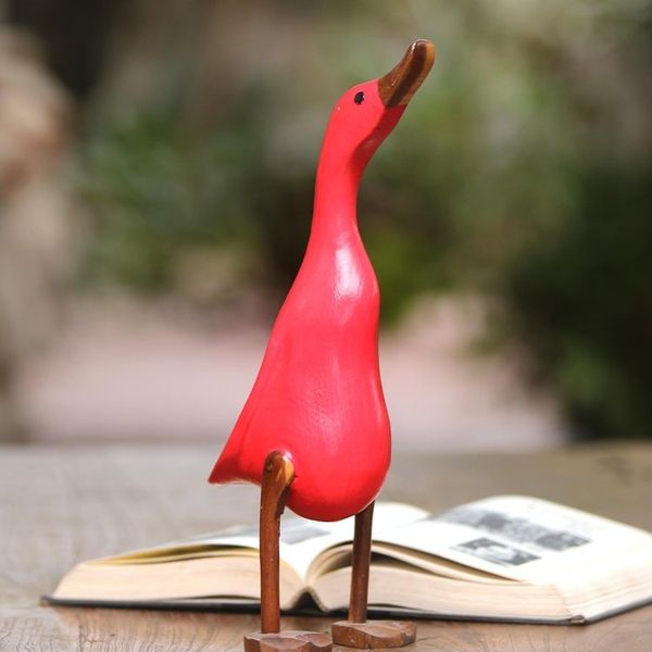 Alternate image for Acacia Wood and Bamboo Root Duck Sculpture in Red from Bali Barefoot Duck