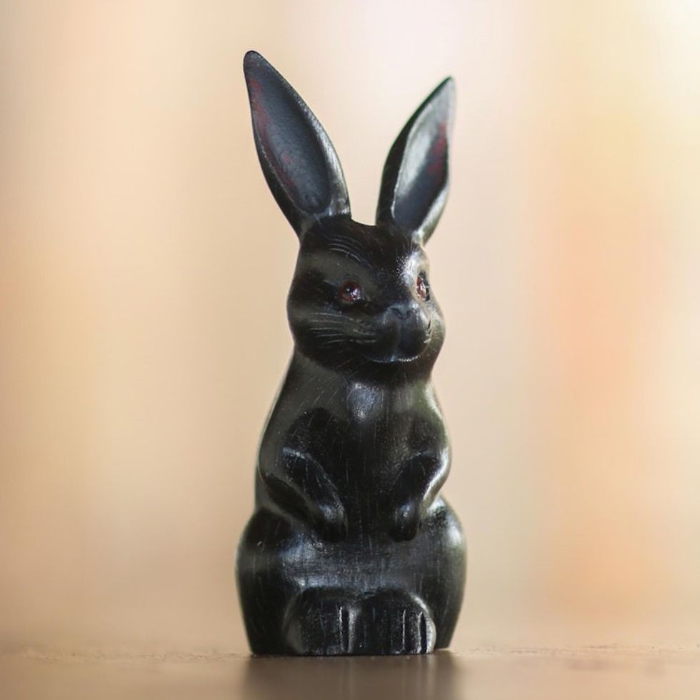 Signed Wood Bunny Sculpture in Black from Bali 'Cute Bunny in Black'