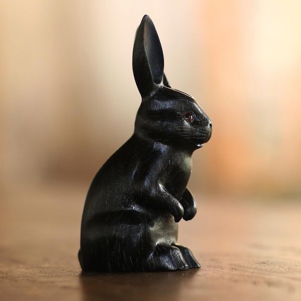 Alternate image for Signed Wood Bunny Sculpture in Black from Bali Cute Bunny in Black