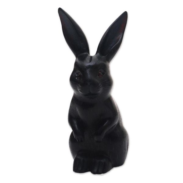 Alternate image for Signed Wood Bunny Sculpture in Black from Bali Cute Bunny in Black