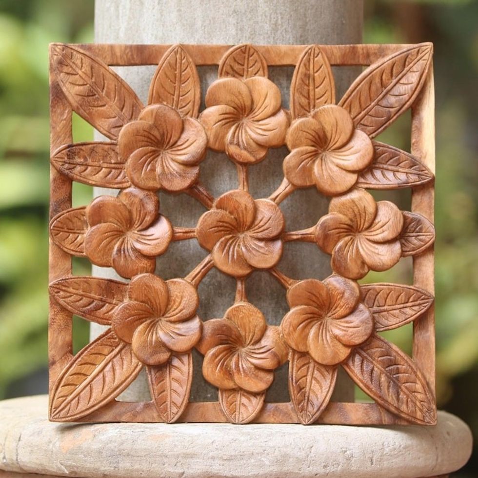 Frangipani Flower Suar Wood Relief Panel from Bali 'Interconnected Jepun'