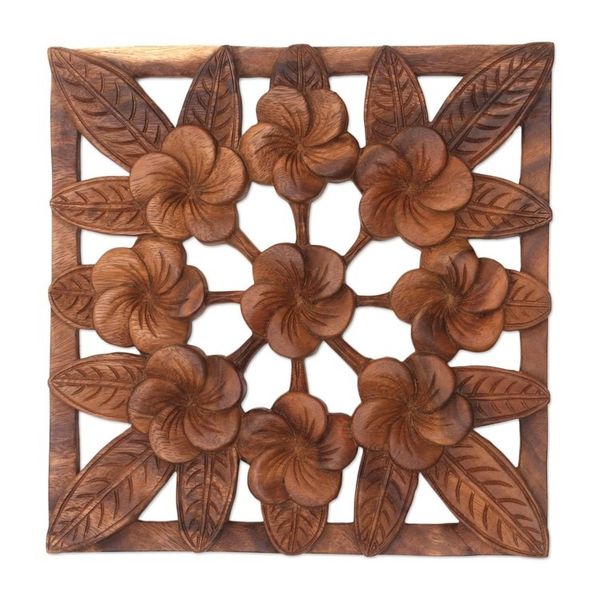 Alternate image for Frangipani Flower Suar Wood Relief Panel from Bali Interconnected Jepun