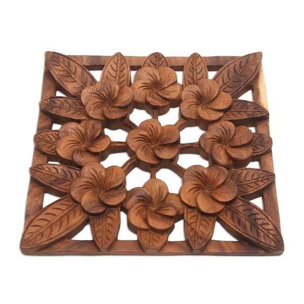 Alternate image for Frangipani Flower Suar Wood Relief Panel from Bali Interconnected Jepun