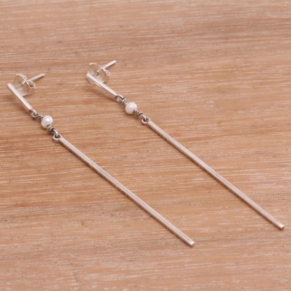 Modern Cultured Pearl Dangle Earrings from Java 'Shining Obelisk'