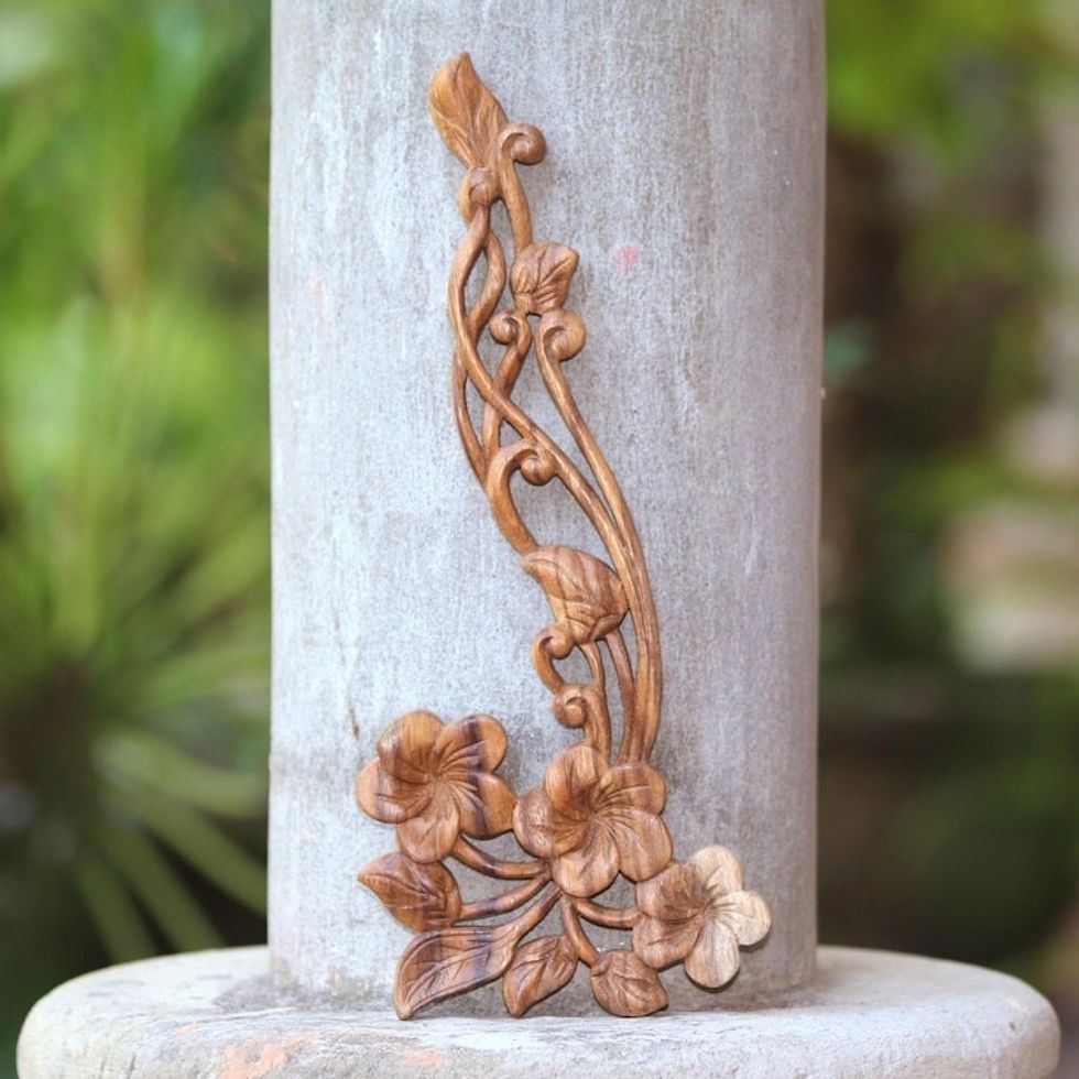 Hand Carved Floral Suar Wood Wall Relief Panel 'Frangipani Flourish'