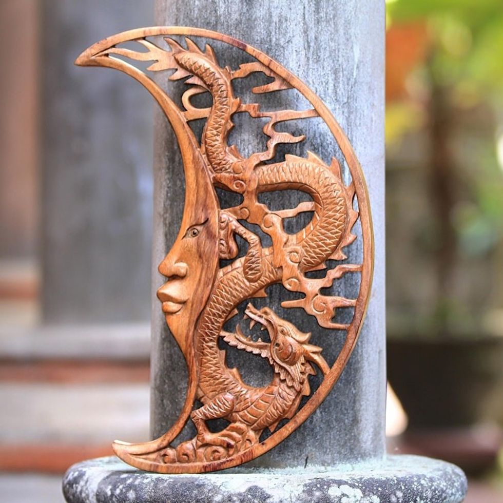 Crescent Moon Dragon Hand Carved Wood Relief Wall Panel 'Crescent Dragon'